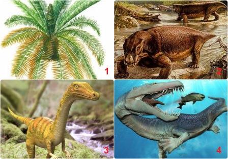 Тріасовий період: 1 - бенетит, 2 - лістрозавр, 3 - сальтоп, 4 - нотозавр